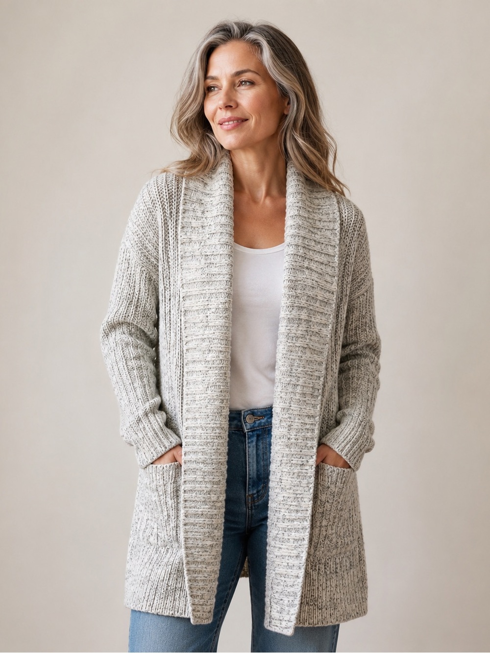 Banana Republic Speckled Chunky Knit Open Front Draped Cardigan Sweater Cozy S